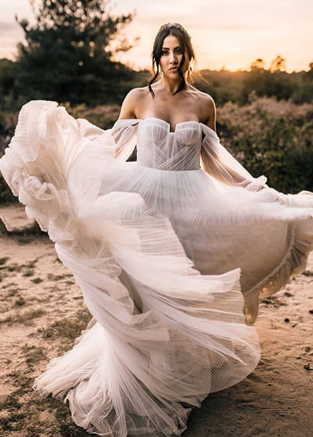 Elegant Flowy Tulle Off the Shoulder Long Sleeve Boho Wedding Bridal G |  KissProm