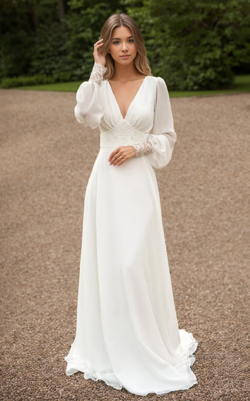 Jolanda | A-Line Floor Chiffon Long Sleeve Wedding Dress with Sequins |  KissProm