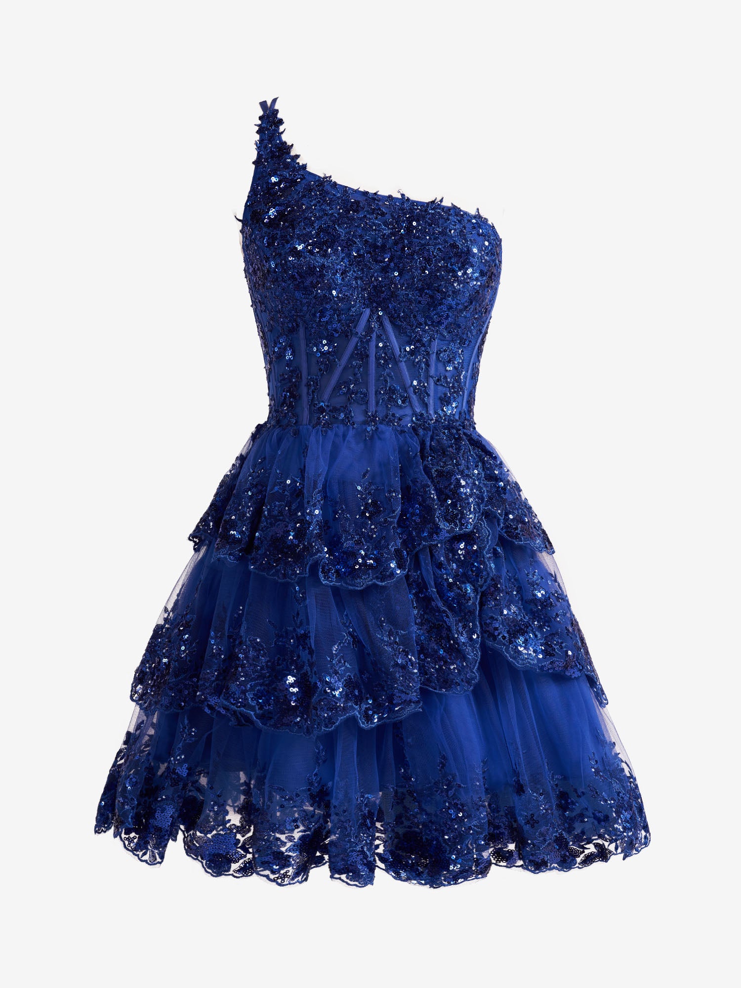 Emma Royal Blue A Line One Shoulder Navy Tiered Lace Short Homecomin