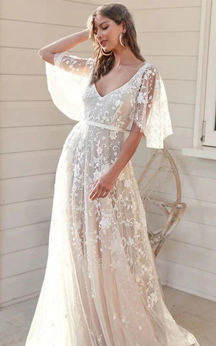 A-Line Short Bell Sleeve Wedding Dress With Garden Floral Lace Deep-V |  KissProm