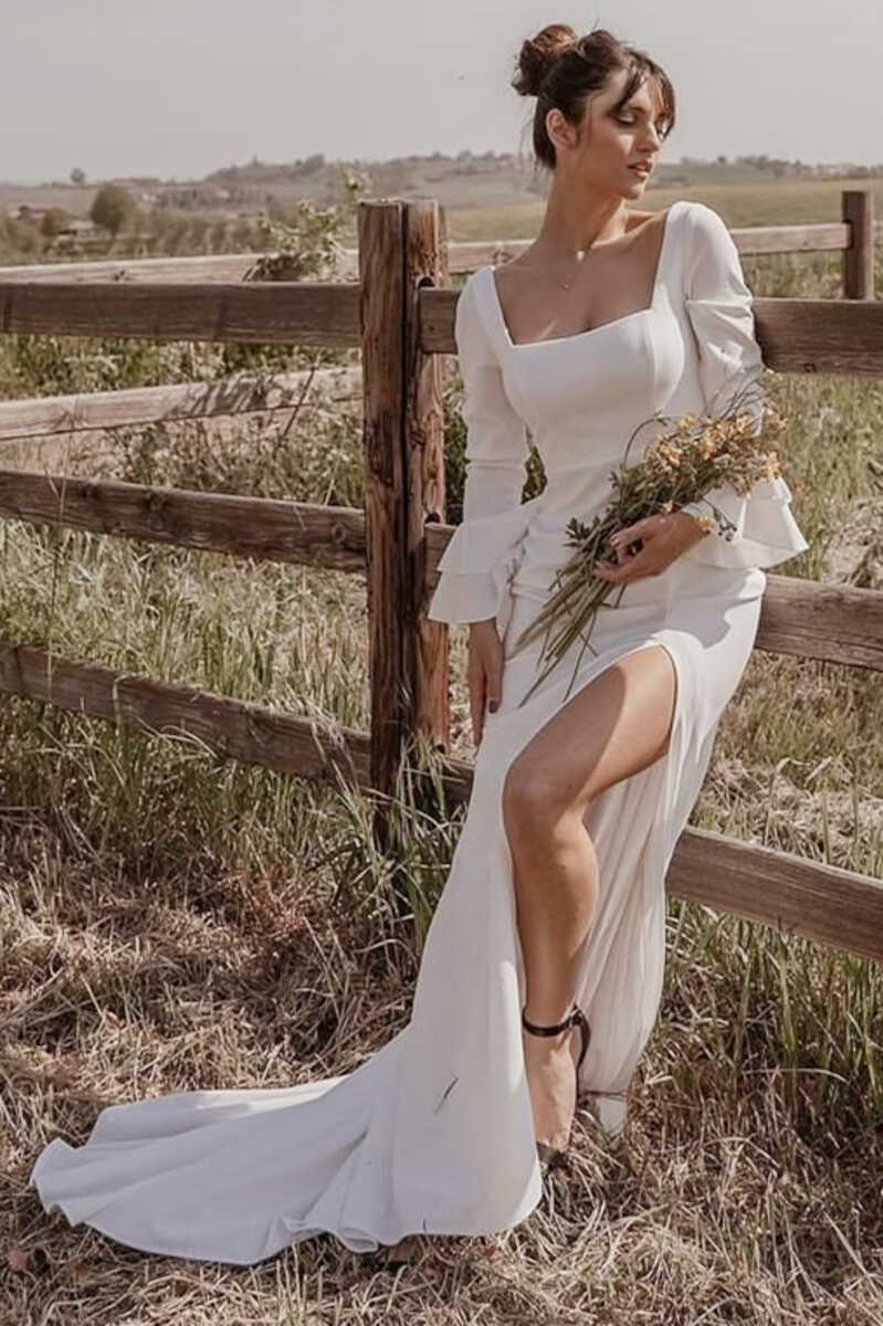 White Square Neck Long Sleeve Long Wedding Dress with Slit | KissProm