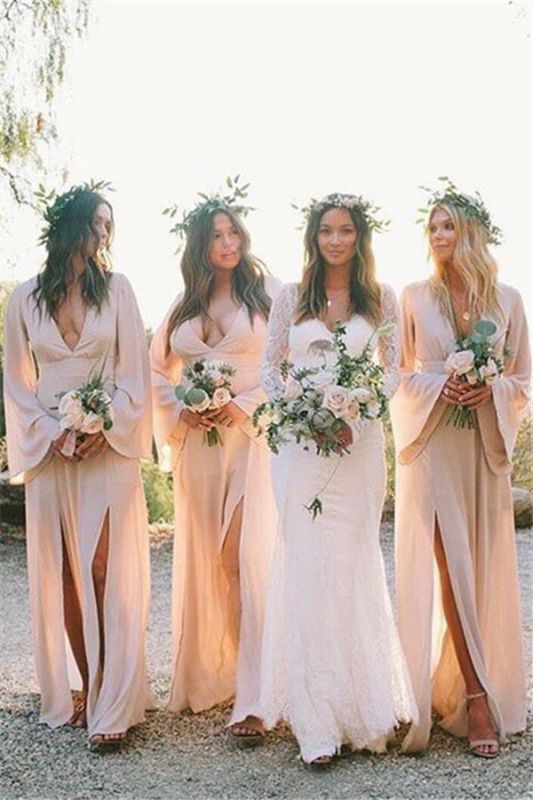 Boho A Line Deep V Neck Long Sleeves Light Bridesmaid Dresses