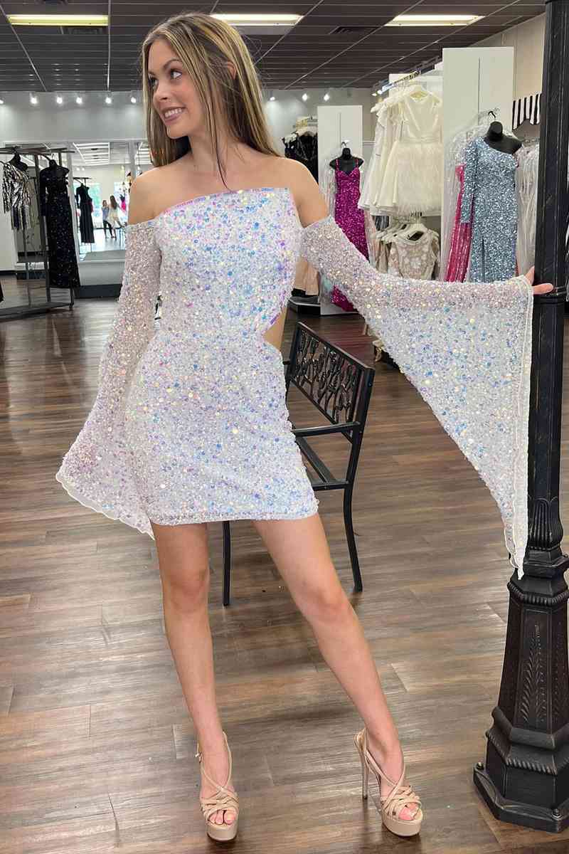 Fitted Sequins White Long Sleeves Short Homecoming Dress | KissProm