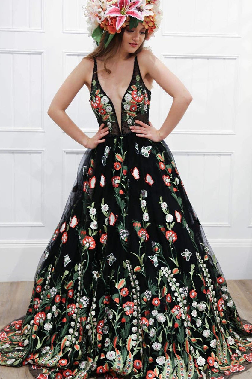 Black and white 2024 floral prom dress