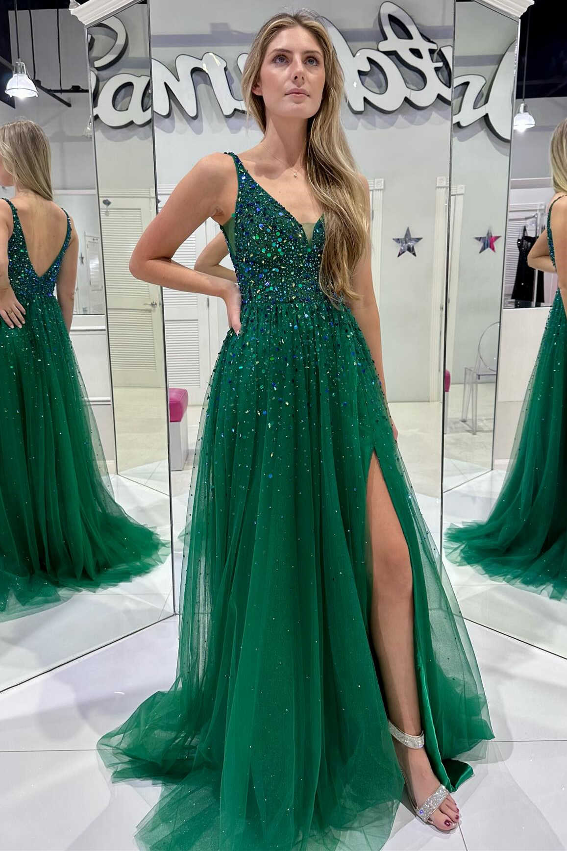 Green beaded prom dress best sale