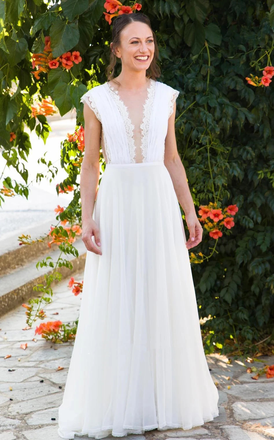 Greek A Line Plunging Neckline Chiffon Lace Wedding Dress With Open Ba