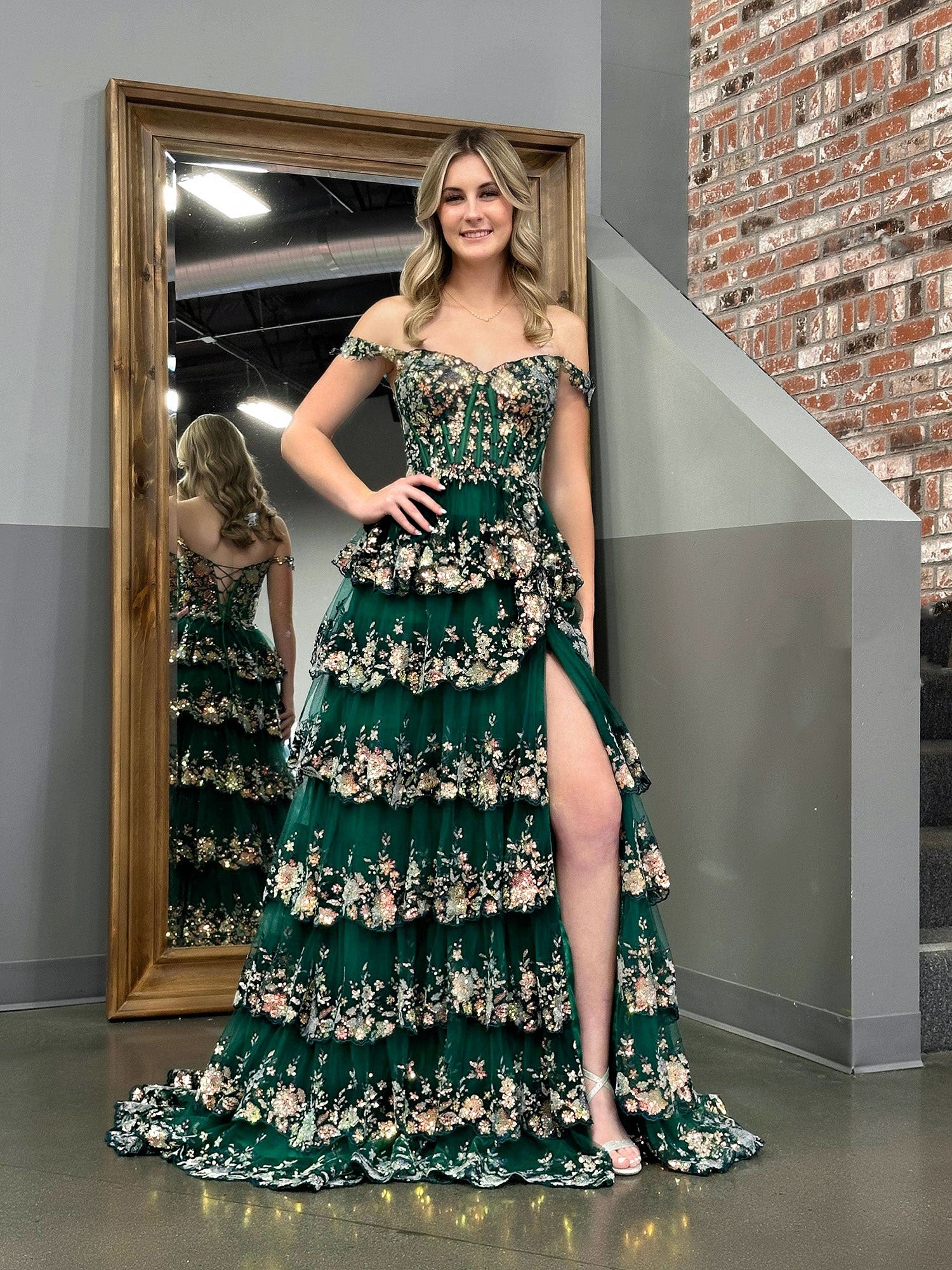 Green off shoulder gown best sale