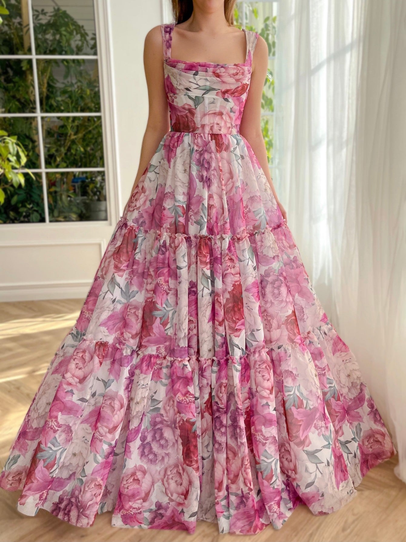 Long pink floral dress hotsell