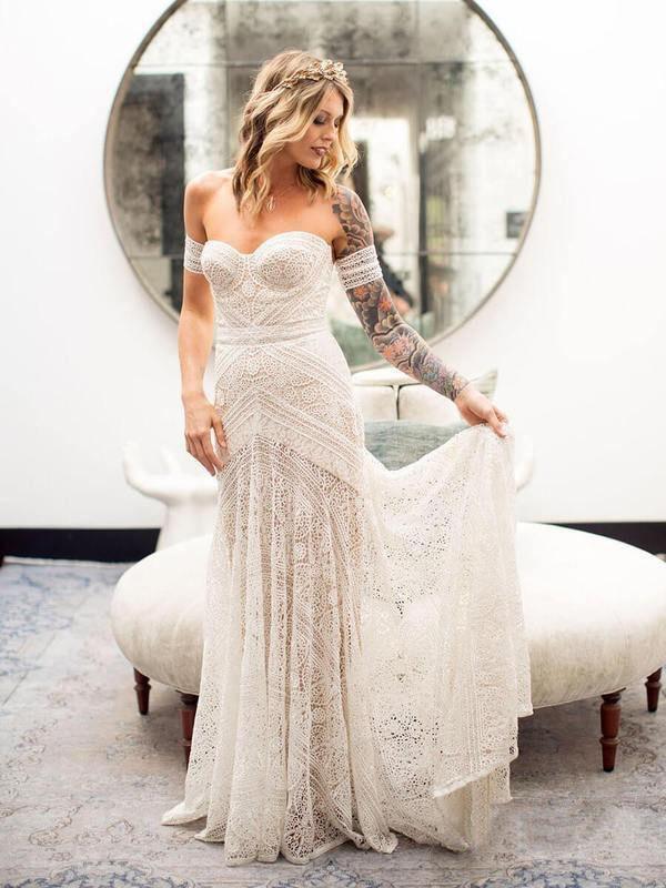 Ivory Lace Sheath Sweetheart Neck Boho Beach Wedding Dresses | KissProm