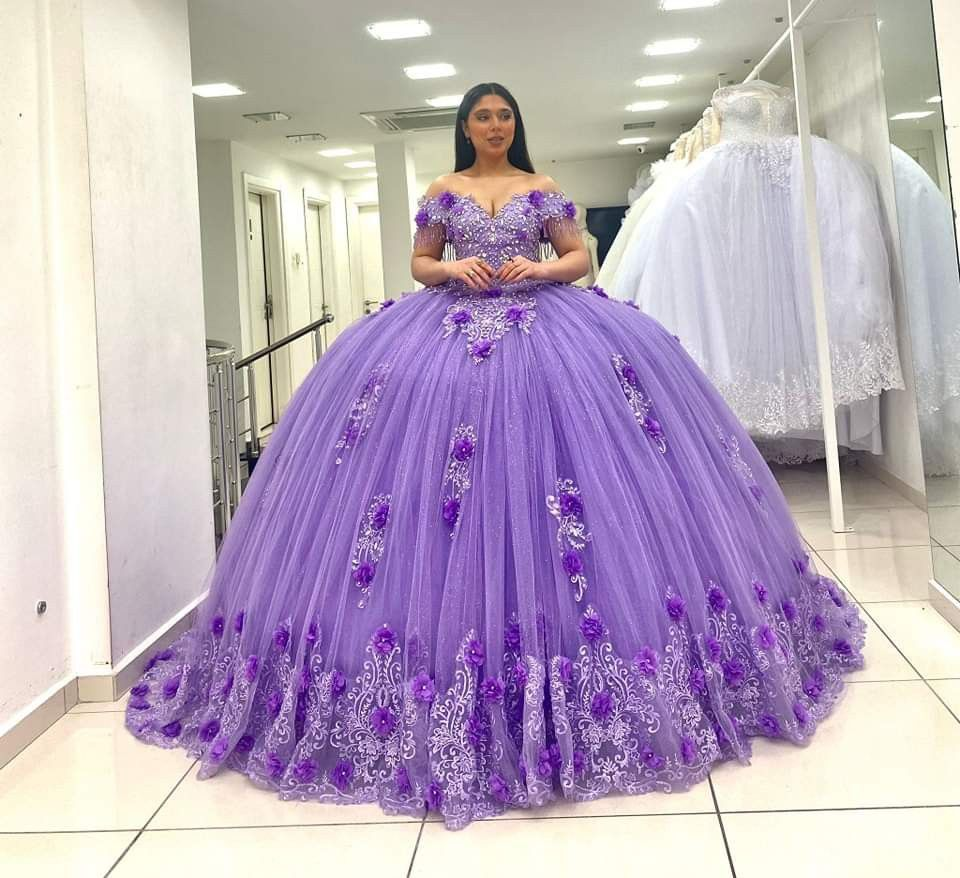 Ball Gown Lace Off the Shoulder Lavender Quinceanera Dress