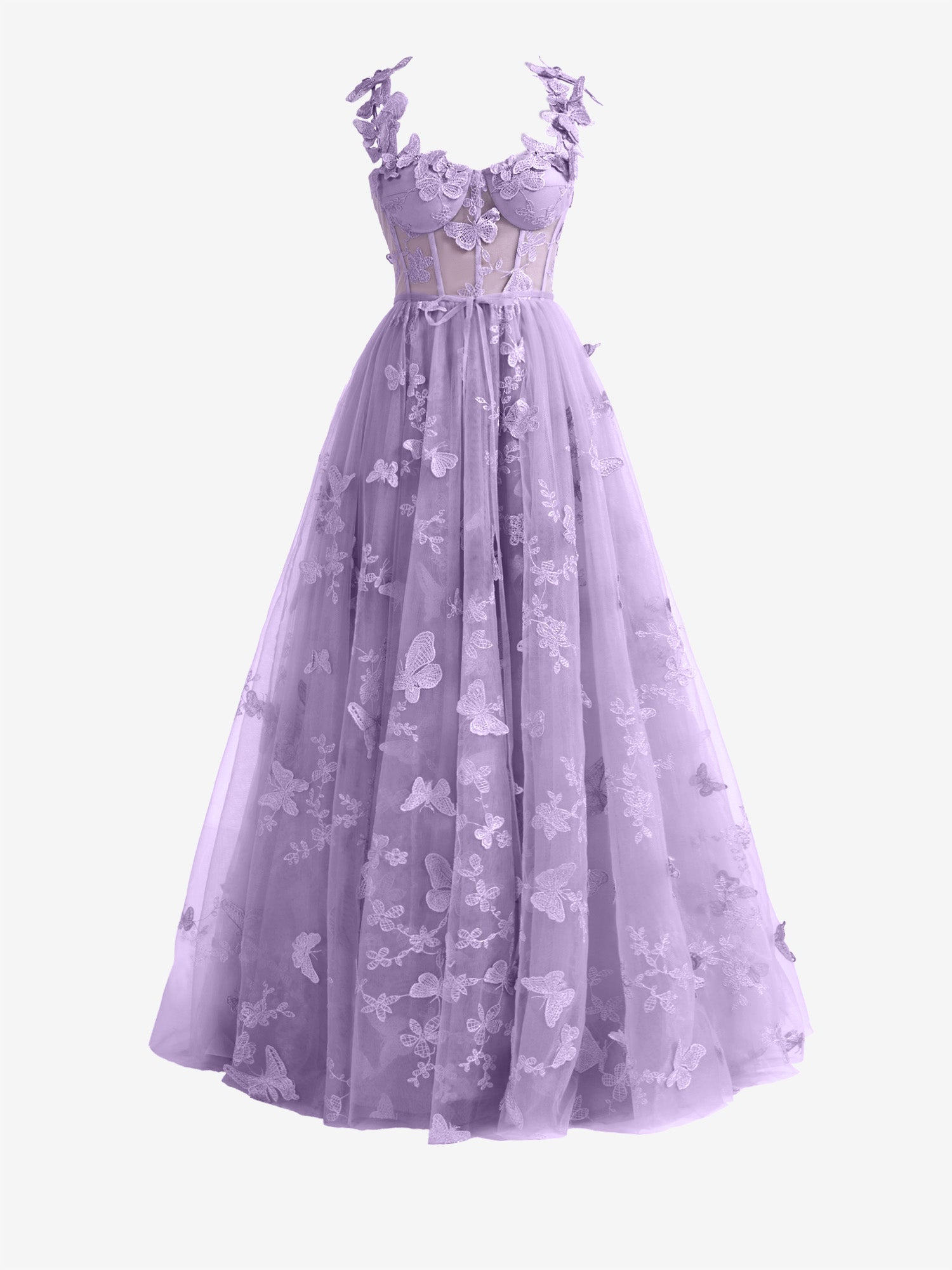 Lydia A line Butterfly Lace Tulle Lilac Corset Prom Dress with Slit