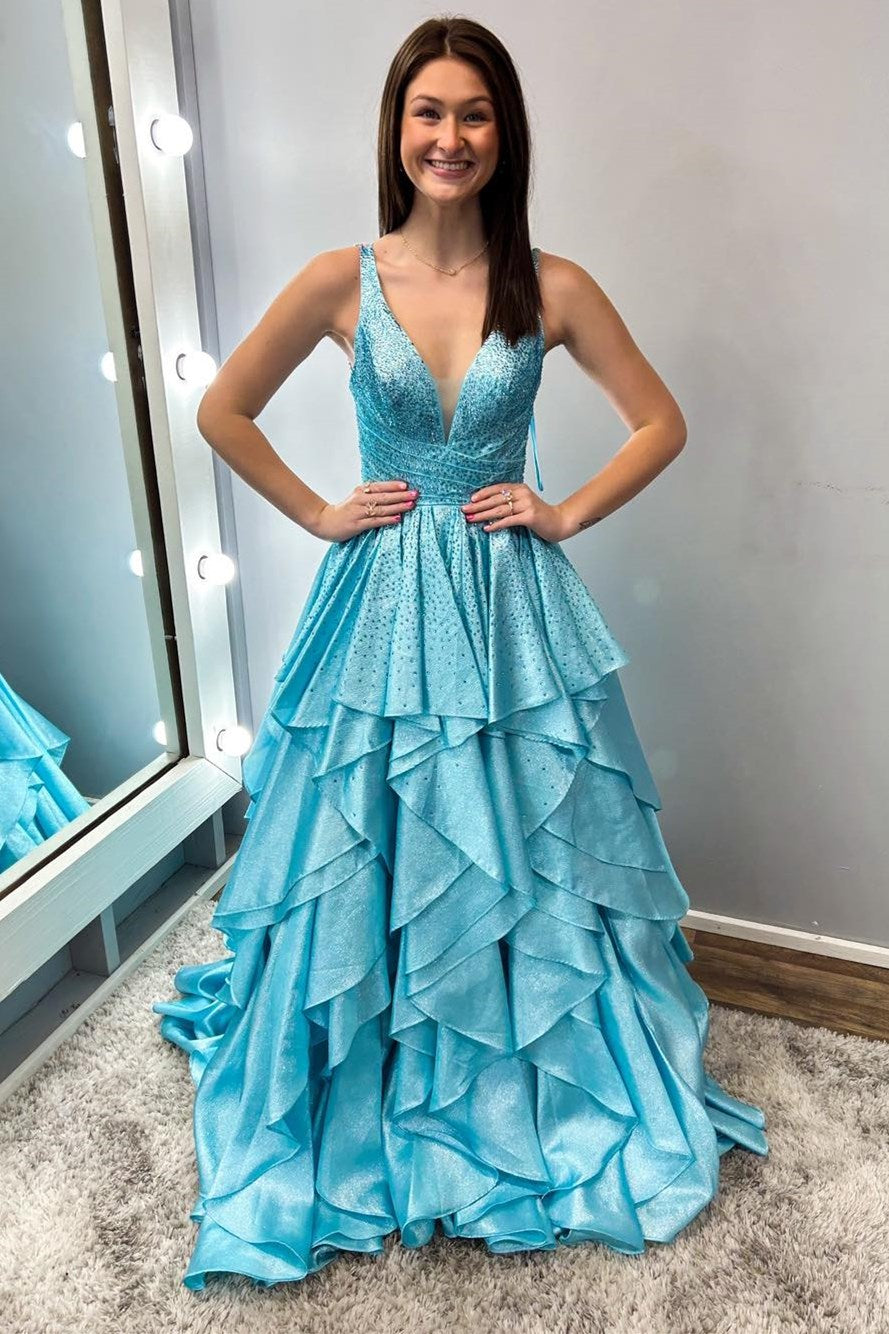 Nacre Aqua Blue Hot Stone Multi Layer Ruffle Long Prom Dress