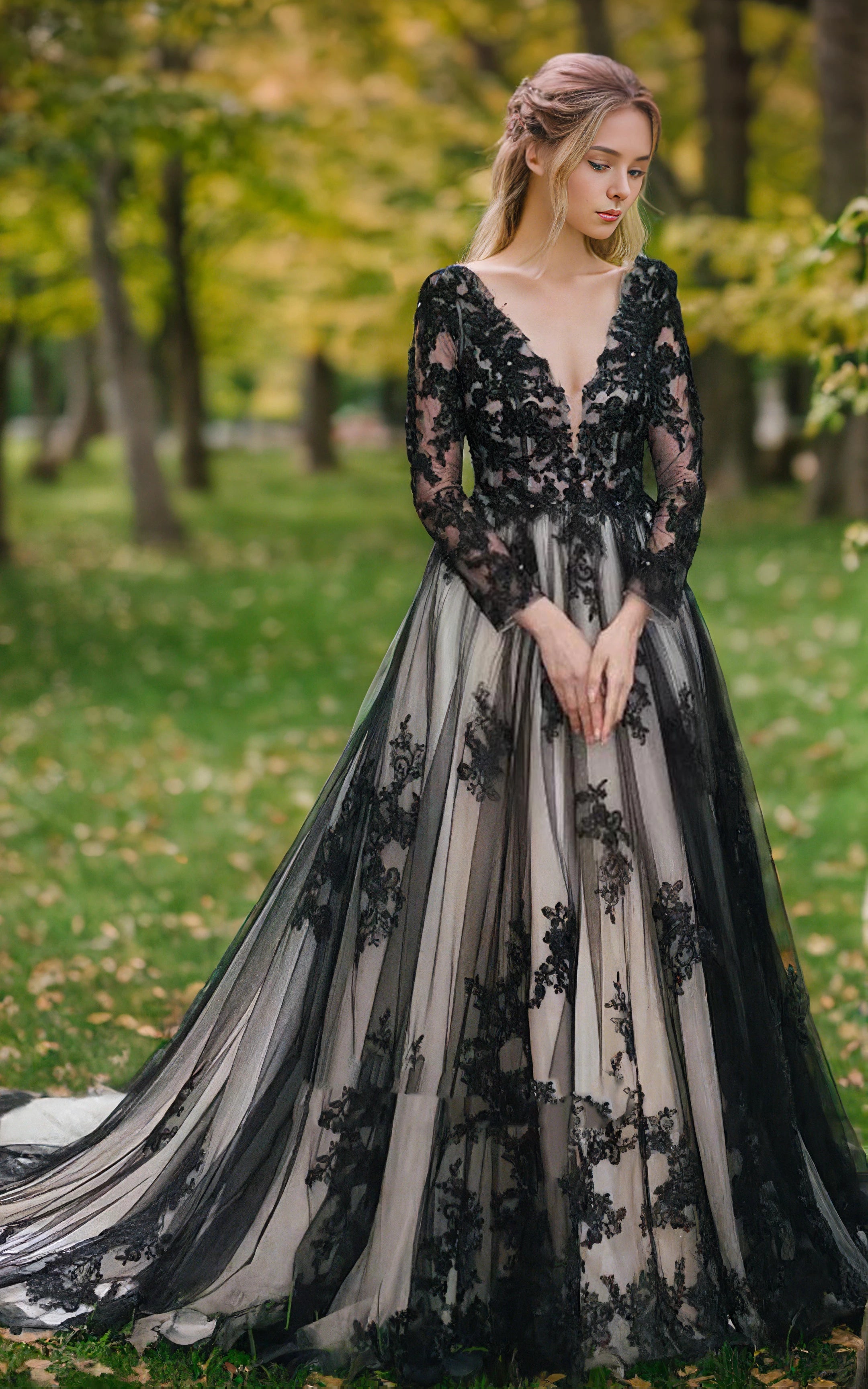 Non-Traditional Gothic Black and White Boho Lace Wedding Dress Flowy F |  KissProm