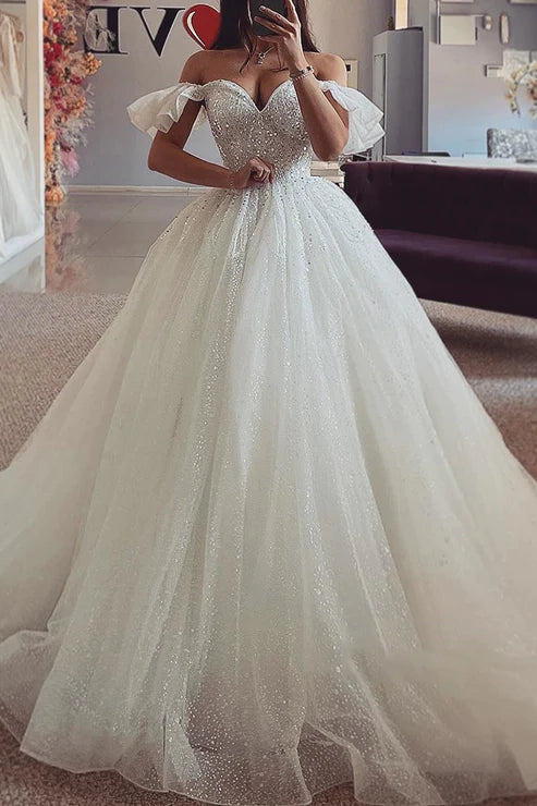 Beaded off the shoulder wedding dress best sale