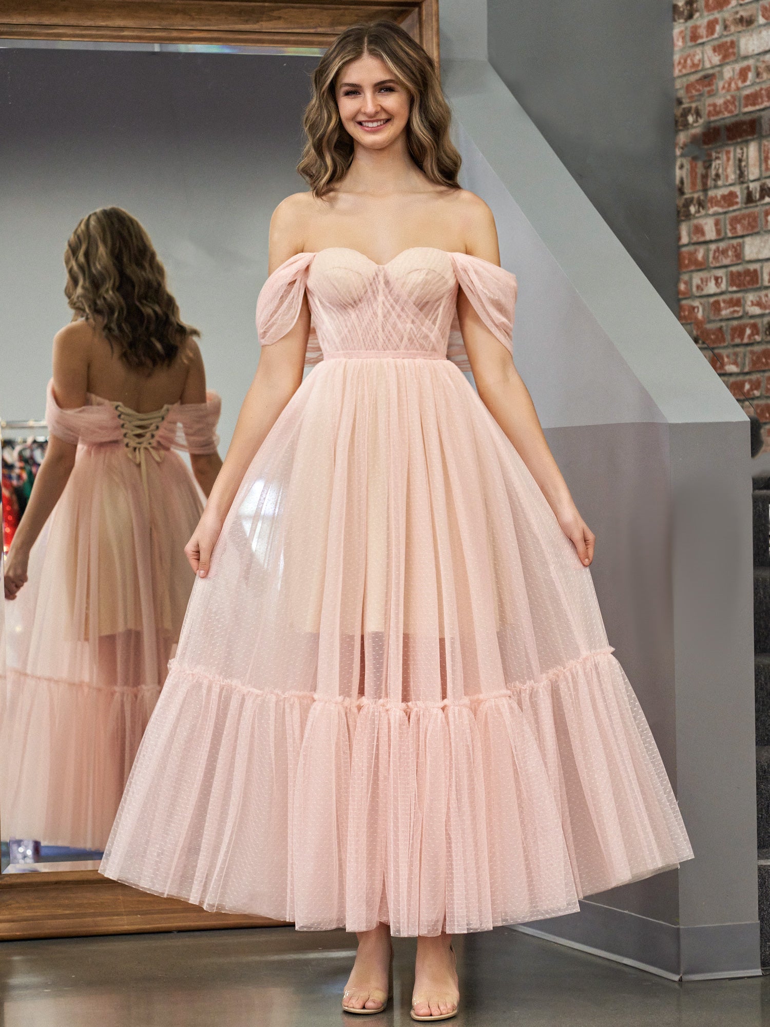 Nova | A-Line Rose Pink Tulle Sweetheart Tea-Length Prom Dress