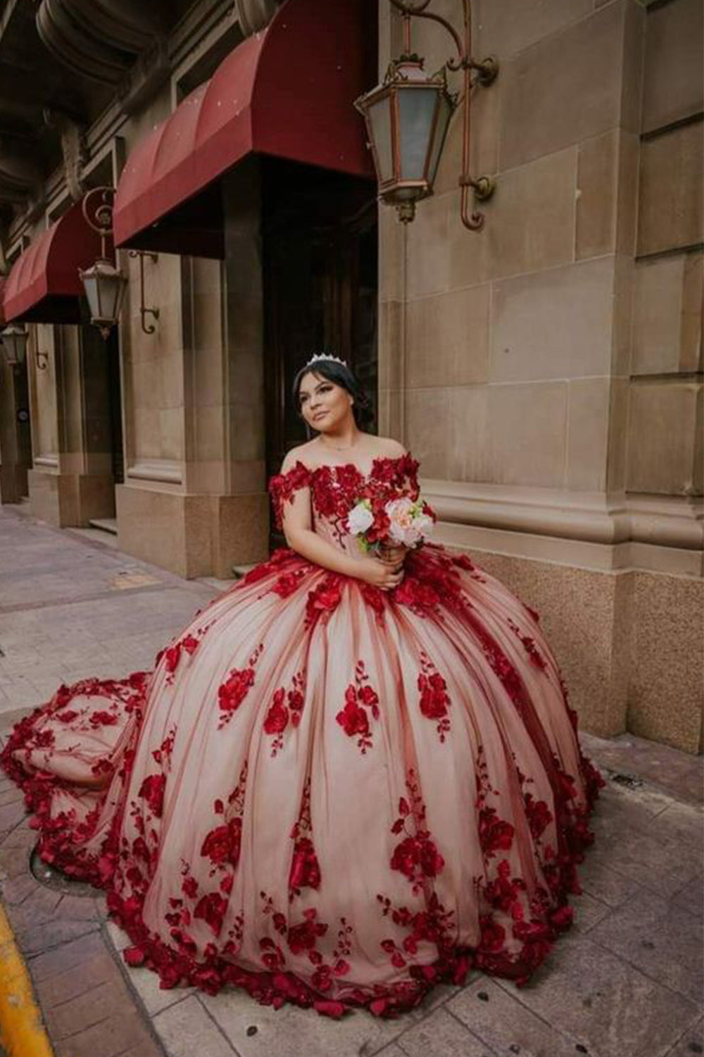 Red Lace Quinceanera Dresses Ball Gown Off shoulder Dress | KissProm