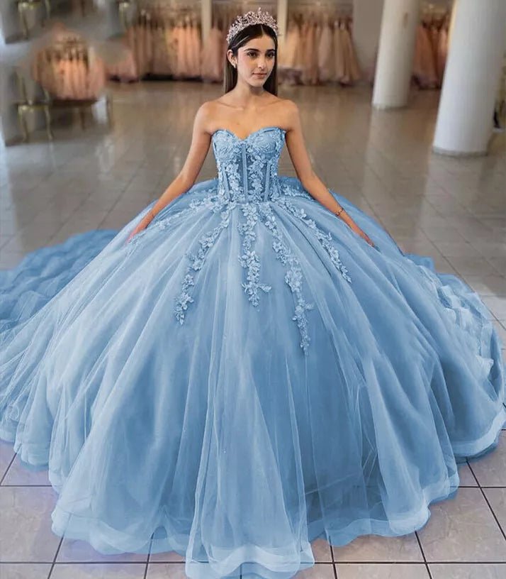 Sky Blue Ball-Gown Tulle 3D Flowers Sweetheart Quinceanera Dresses