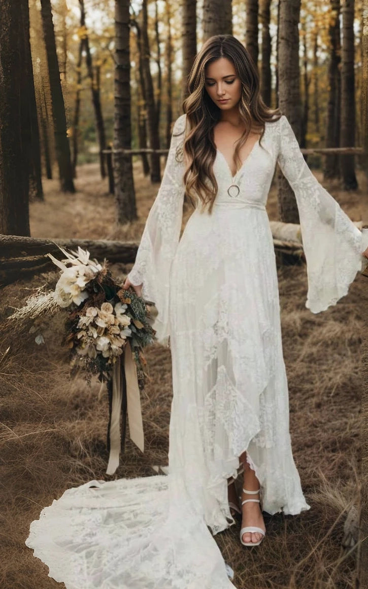 Tiffania | Simple Casual Long Sleeves Boho Lace Wedding Dress With Swe |  KissProm