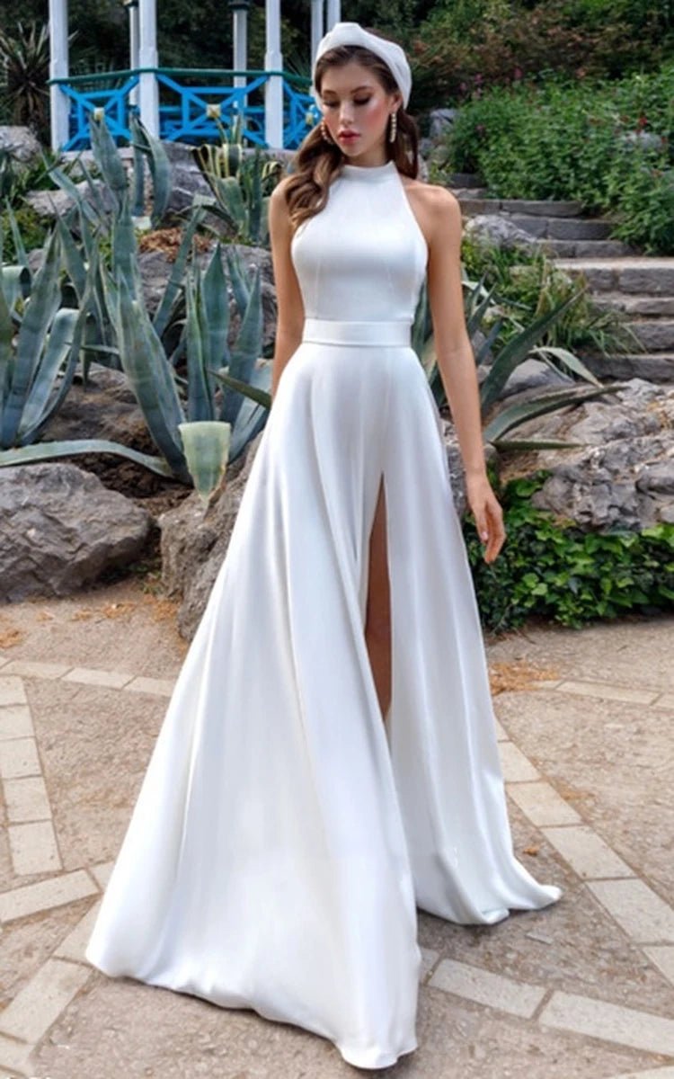 Simple Modest A Line Halter Maxi Wedding Dress White 22