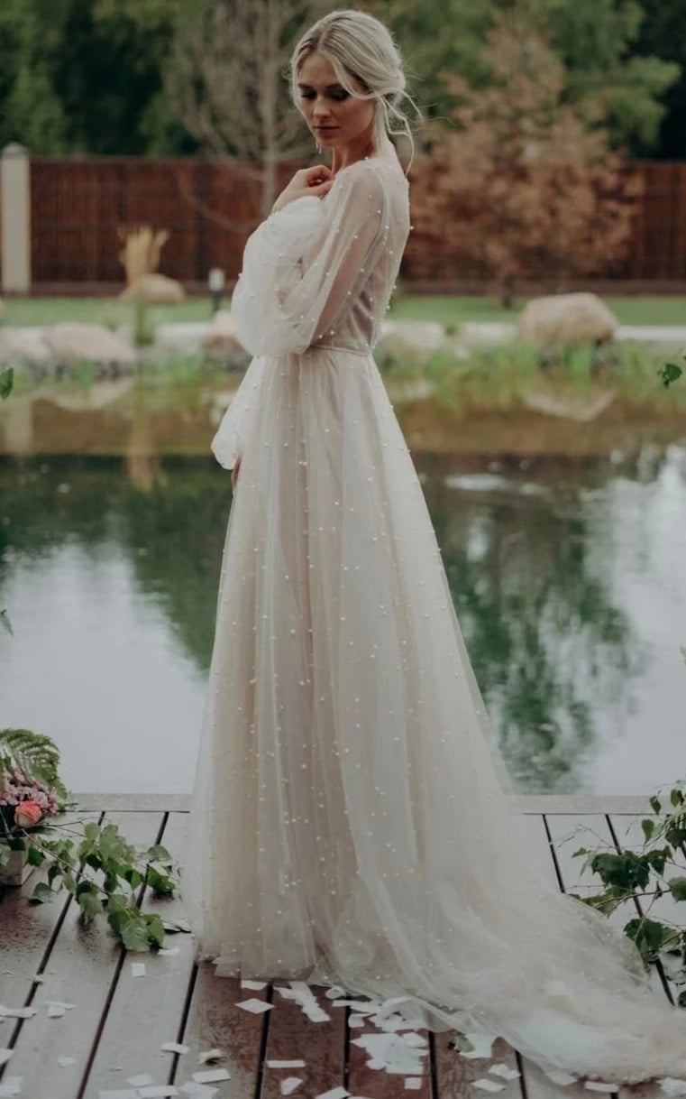 Franceska | Simple Modest A-Line Long Sleeve Tulle Elopement Illusion |  KissProm