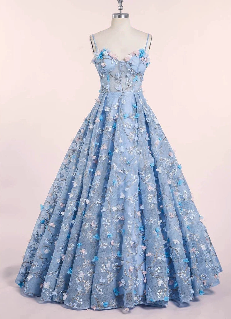 Spaghetti Strap 3D Flower Applique Sky Blue Prom Dresses Ball Gowns |  KissProm