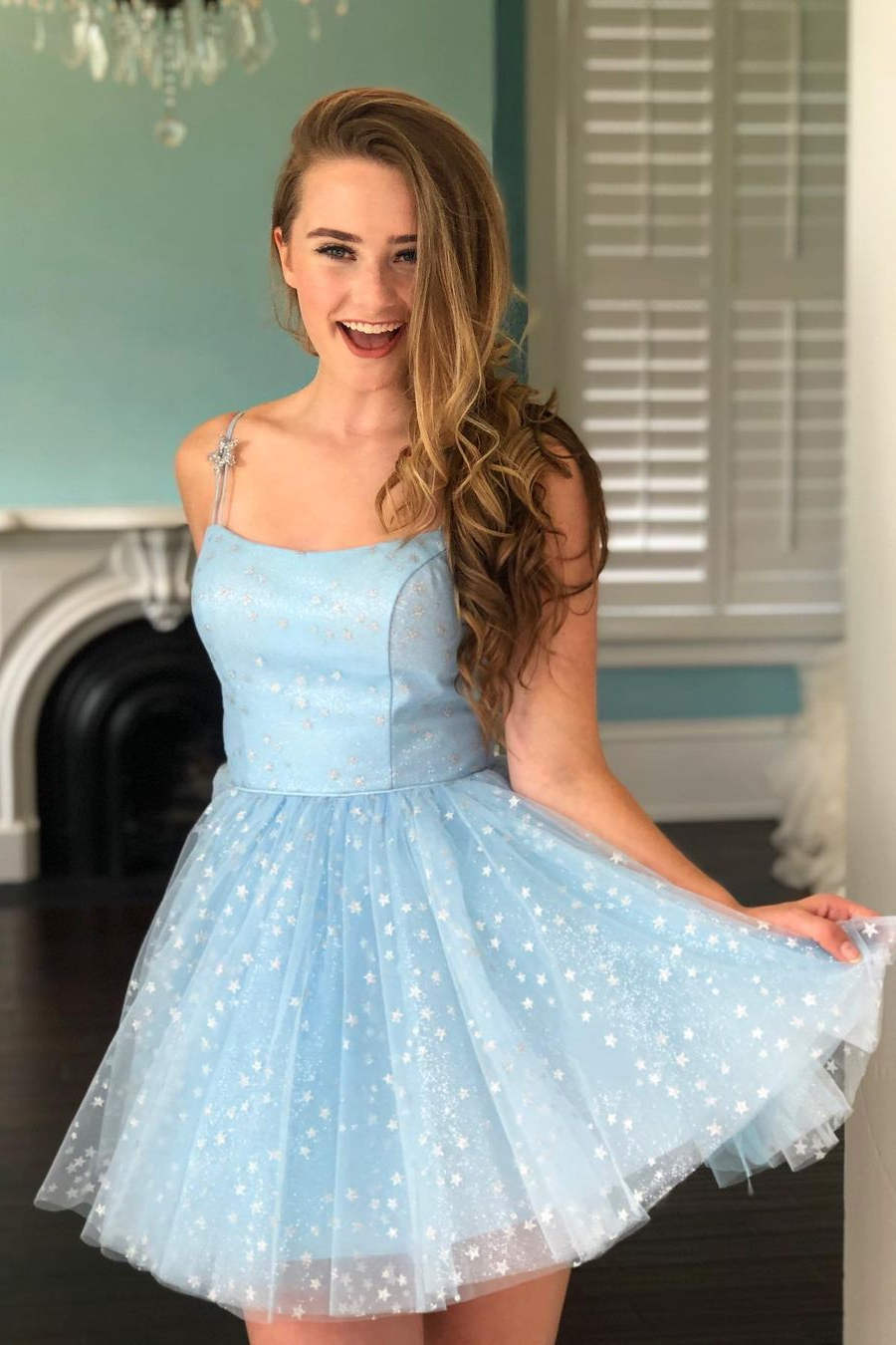 Spaghetti Straps Light Blue Short Homecoming Dress with Stars