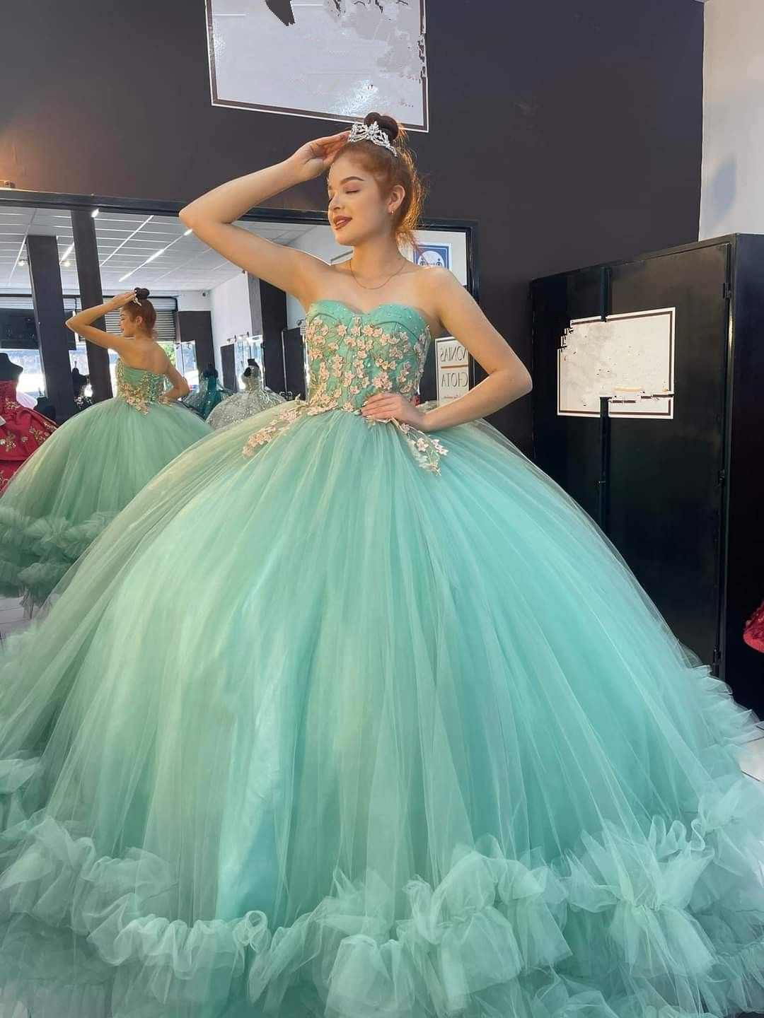 Strapless Tulle Ball Gown Quinceanera Dress Light Green | KissProm