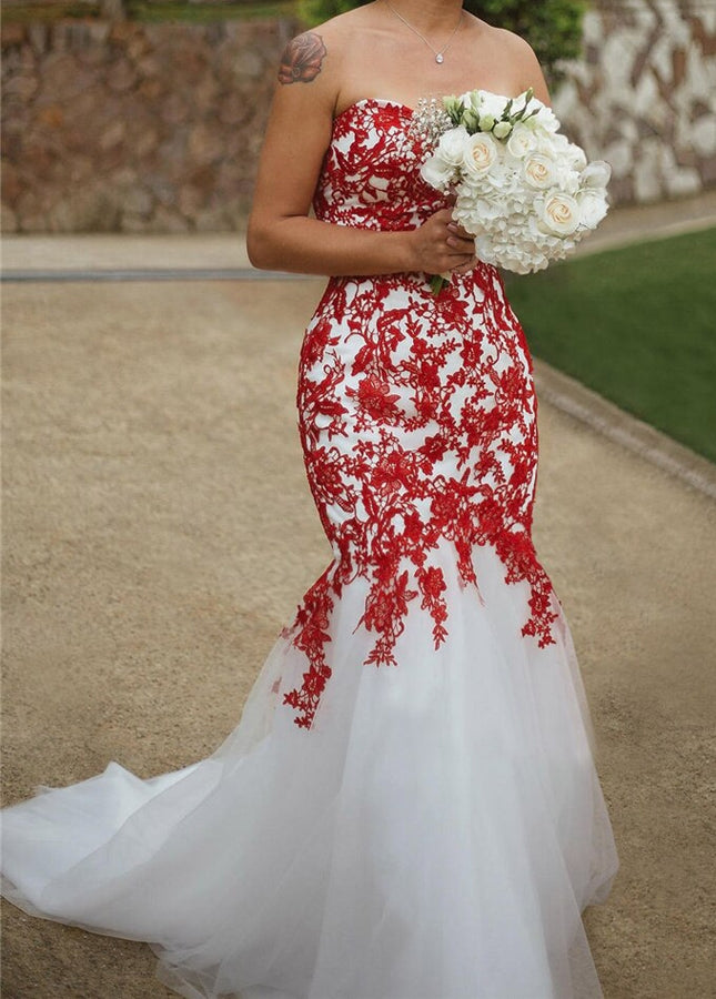 Red Lace Appliques Mermaid Wedding Dress