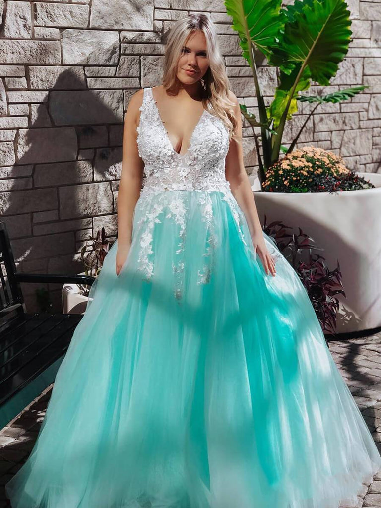 Turquoise Lace Applique Ball Gown Long Ball Gowns Quinceanera Dress |  KissProm