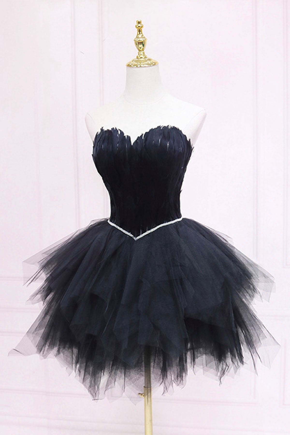 Ila Black Tulle Short Prom Dress with Feather A Line Sweetheart