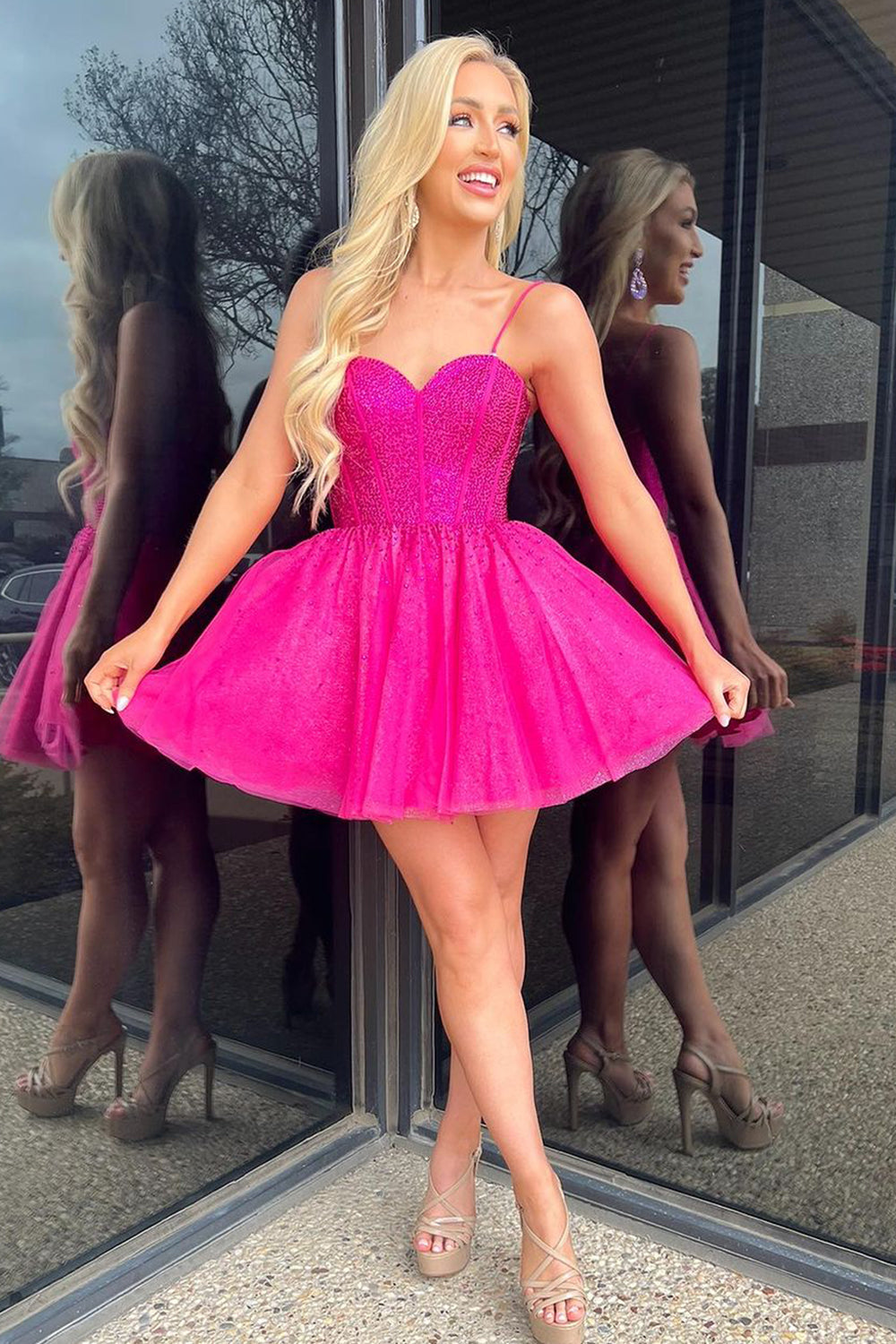 Camille Barbie Style A Line Spaghetti Straps Hot Pink Short Homecoming Dress  | KissProm