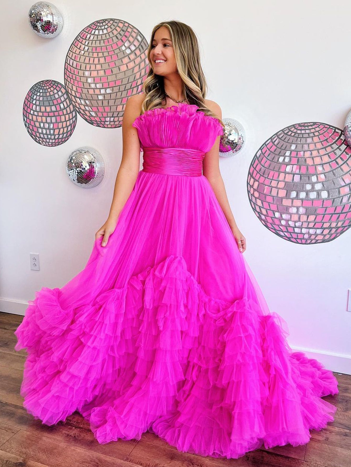 Alani Fuchsia A-Line Strapless Pink Tiered Long Tulle Prom Dress | KissProm