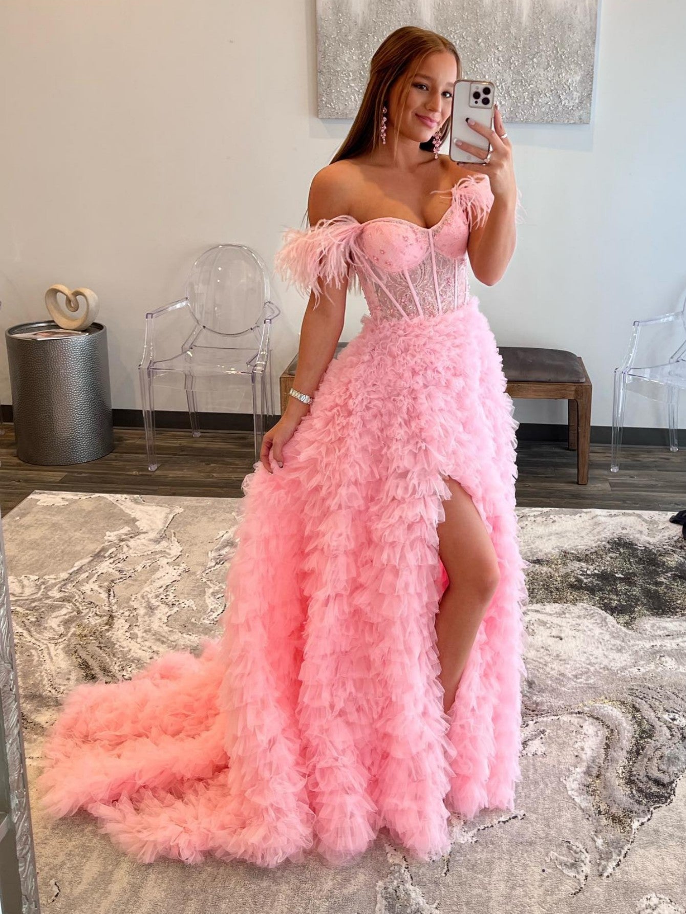 Pink Strapless Princess Tulle Layers Ruffles Long Prom Dress, Pink For