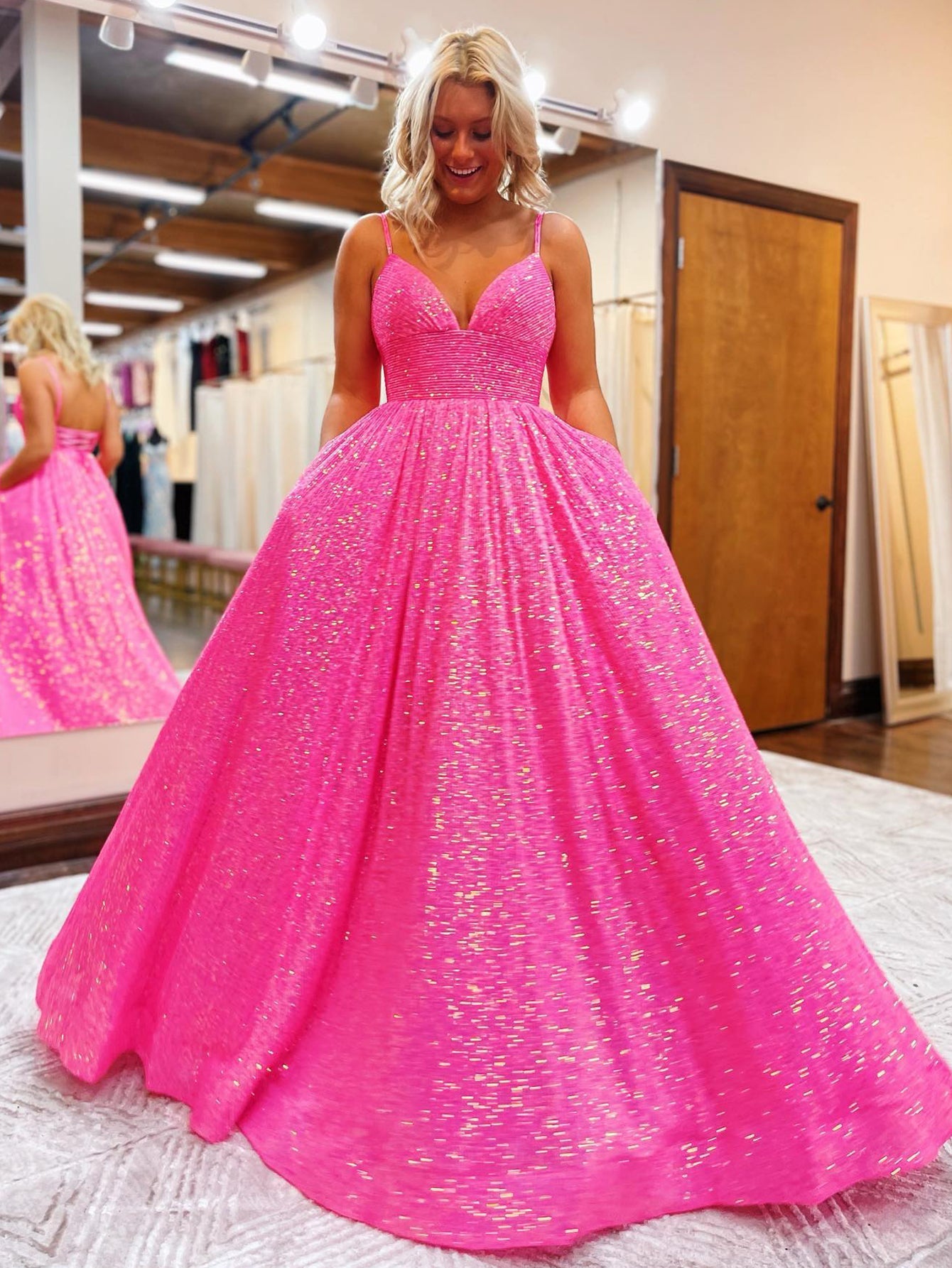 Hayden Pink A-line V Neck Sequins Long Prom Dress with Pockets | KissProm