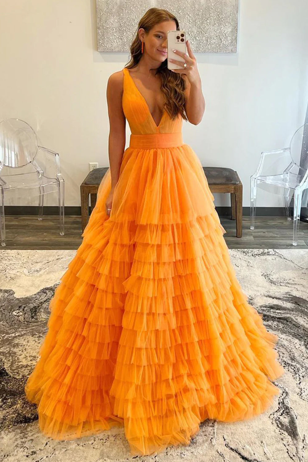 Reese A-line Orange V-Neck Tulle Long Prom Dress with Ruffles