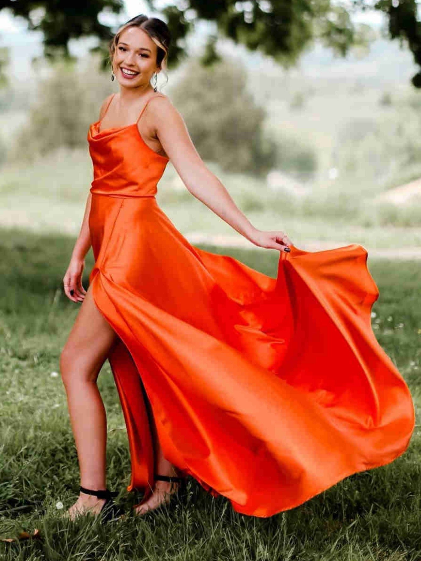 Satin orange hot sale prom dress