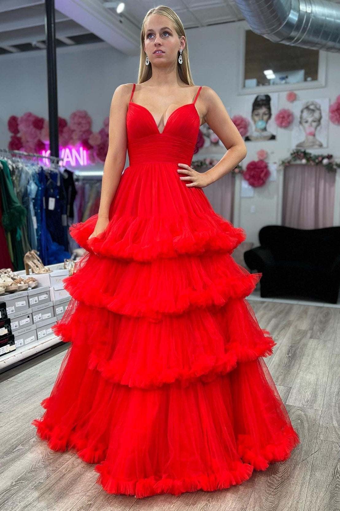 A line v neck tulle sales prom dress