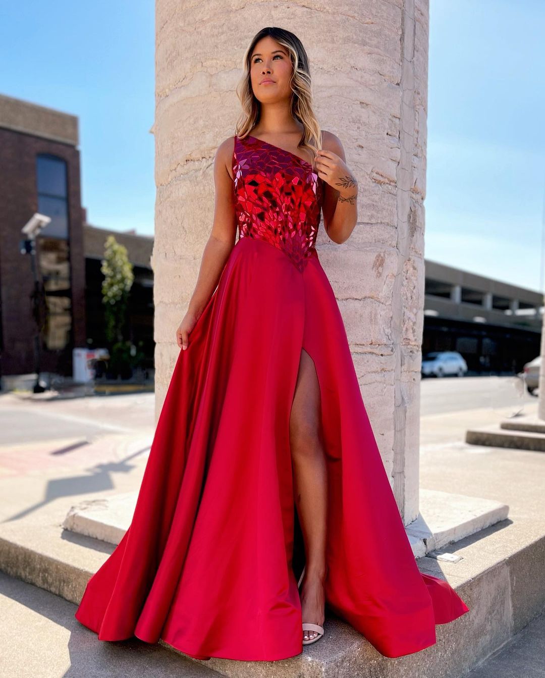 Red a line formal on sale dress