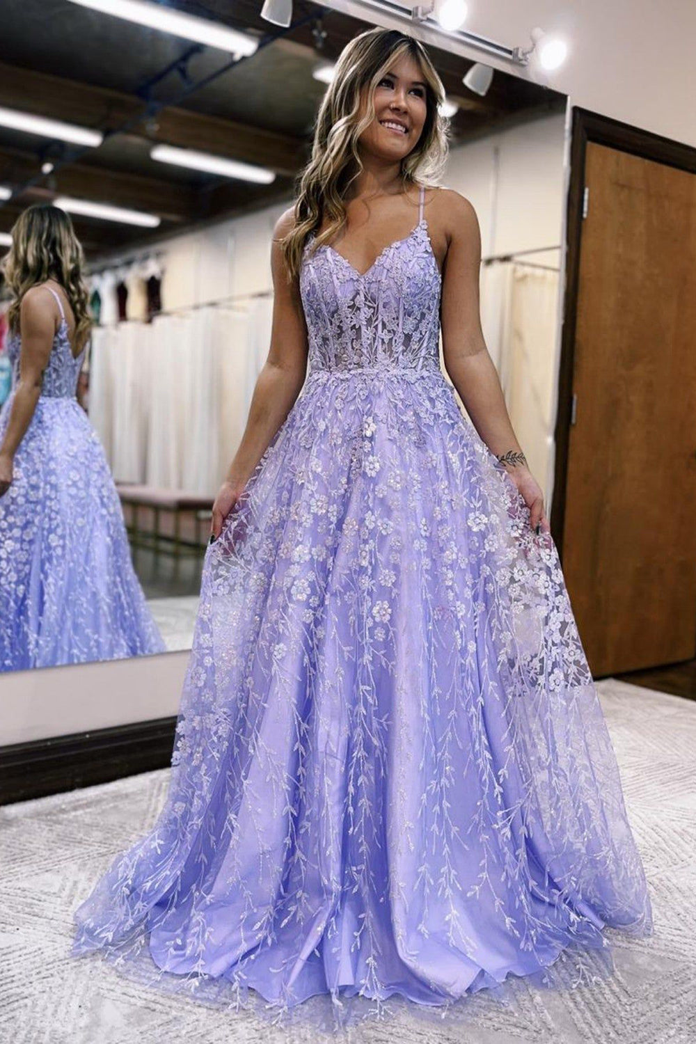 A Line Long Lace Lilac Corset Prom Dresses 2024 Floor Length