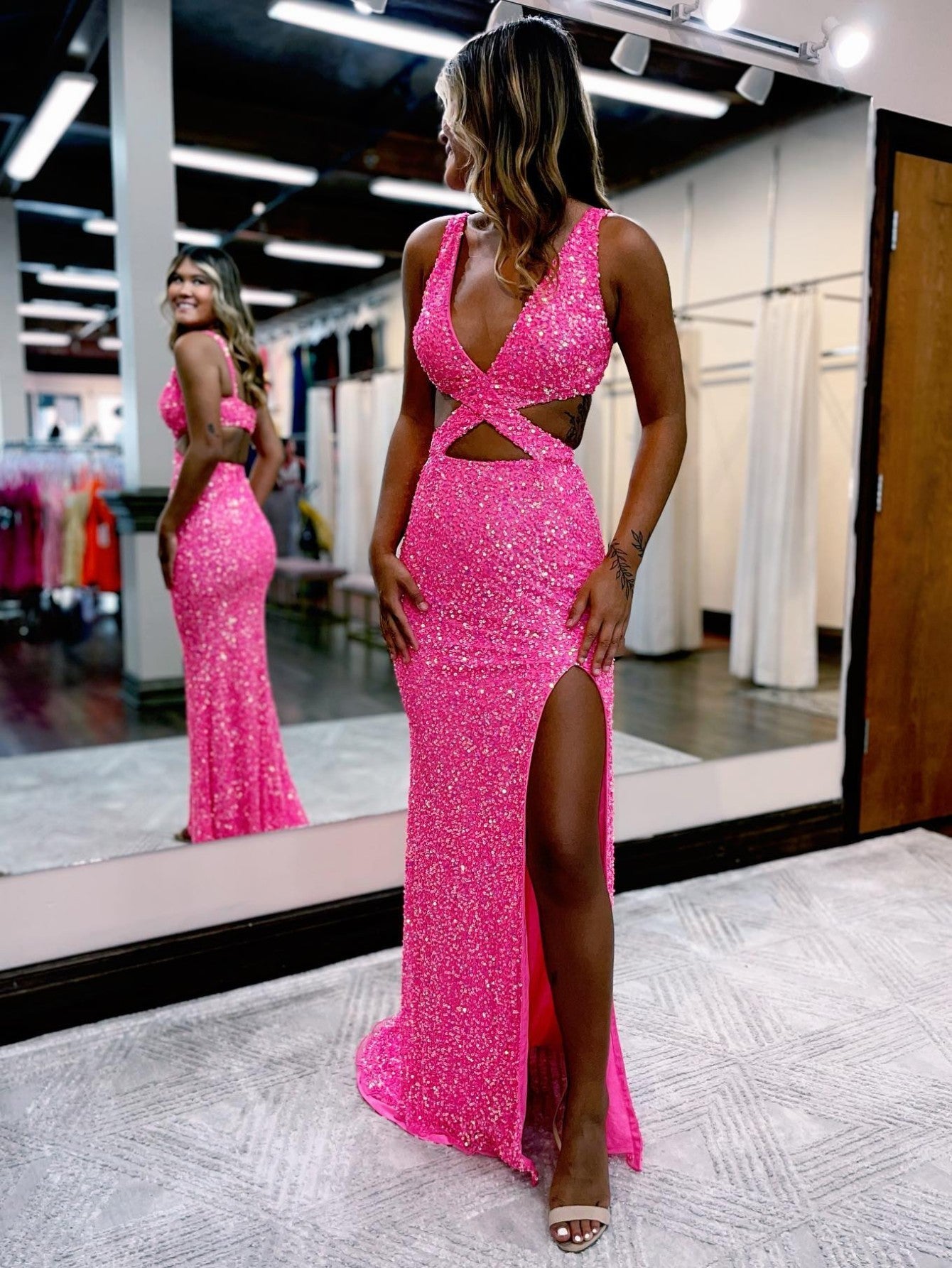 Salma Hot Pink Mermaid V Neck Sequins Prom Dress with Slit