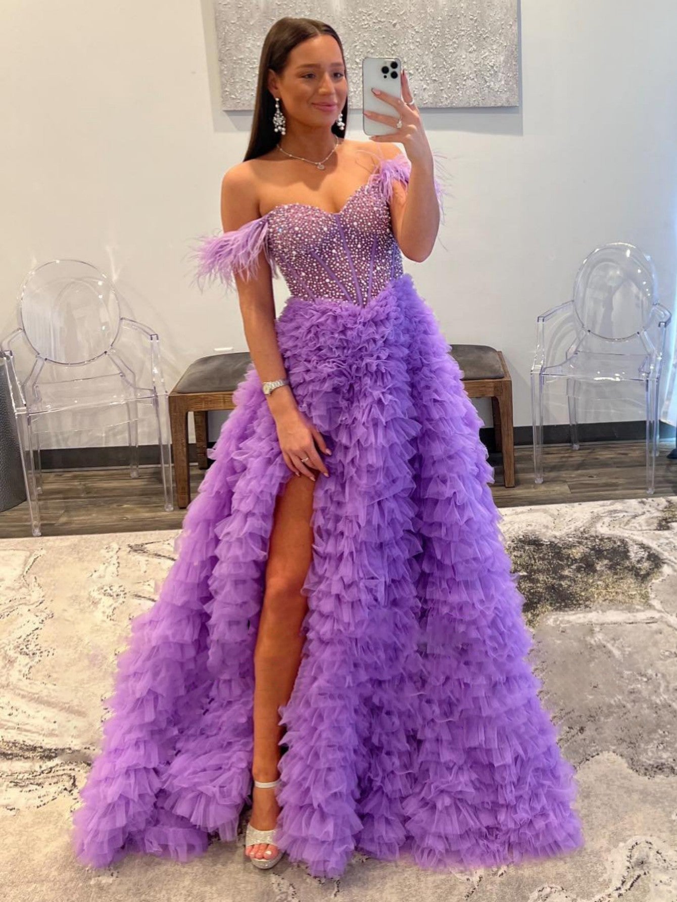 Lilac Tulle A-line Prom Dresses With Side Slit MP794