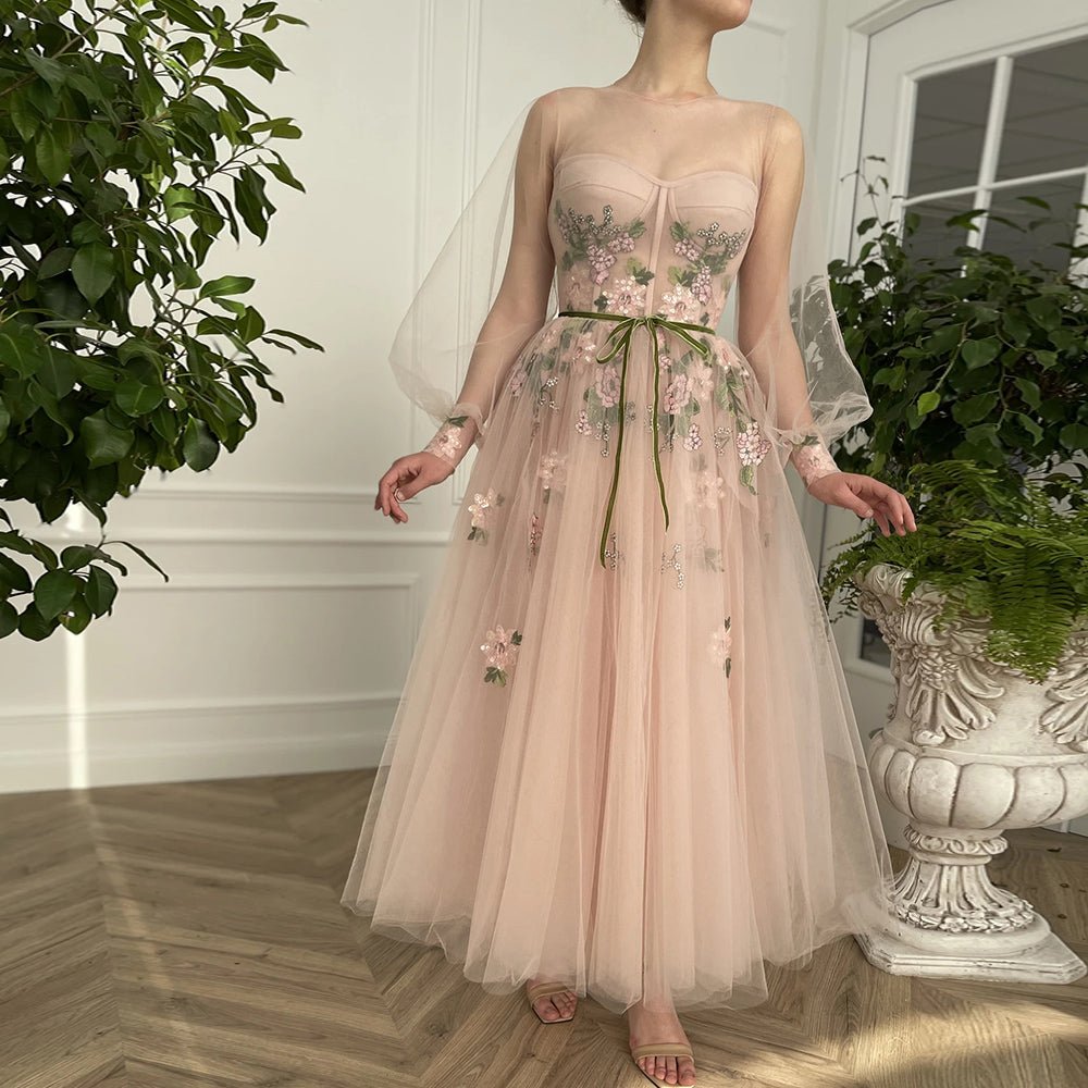 Meilani Light Pink A Line Long Sleeve Tulle Prom Dress with Embroidery