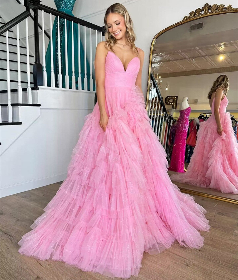 Alianna Pink A-Line Spaghetti Straps Tiered Tulle Prom Dress