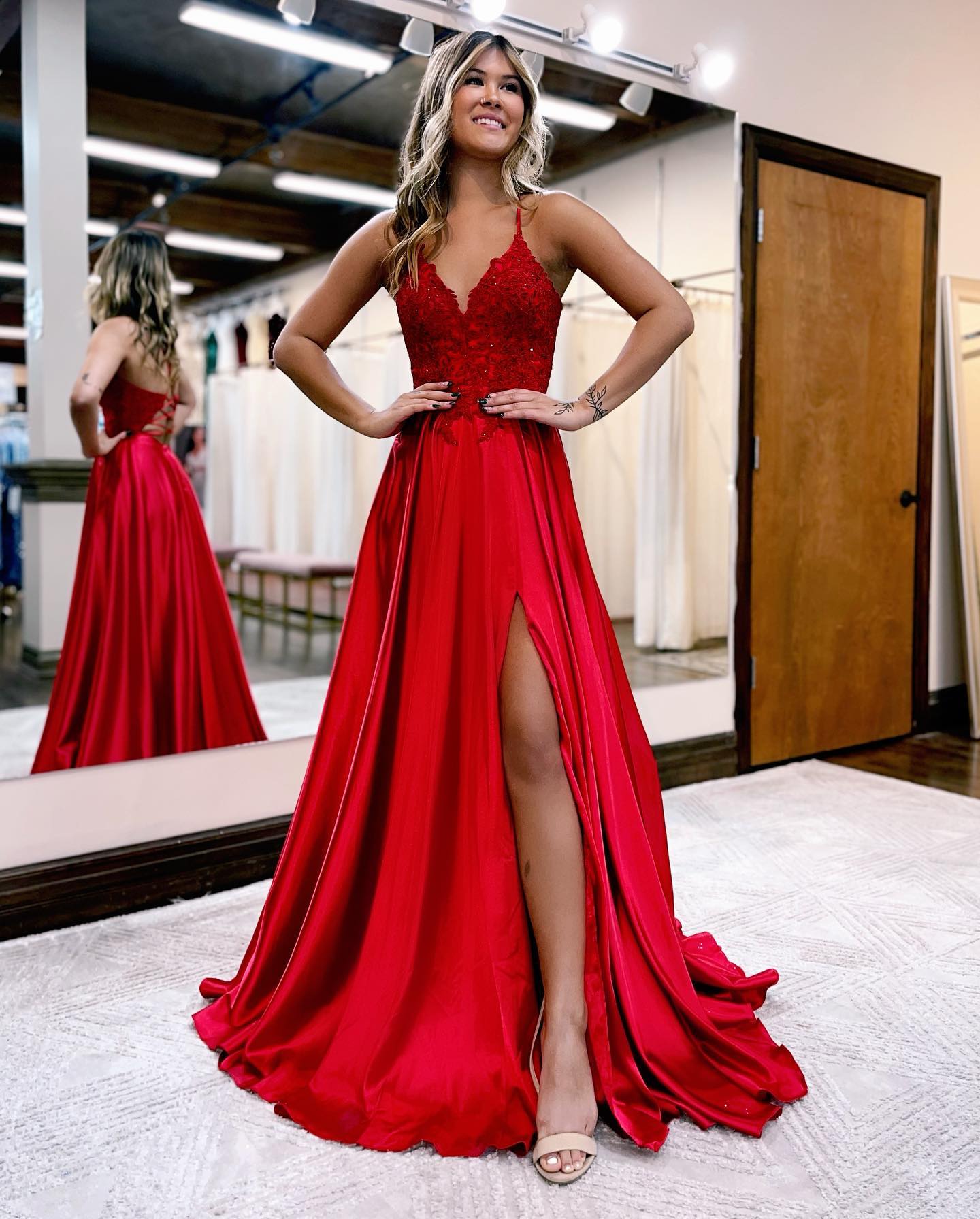 Red Corset Natural Silk Gown With Slit -  Canada