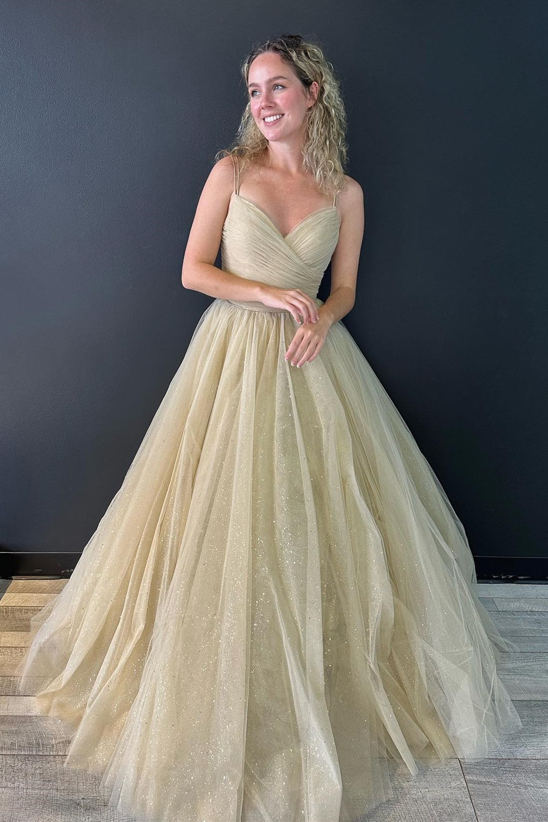 champagne gold ball gown prom dress