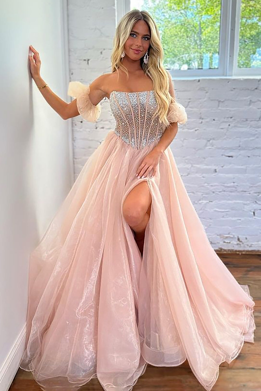 Brianna Blush A Line Strapless Corset Organza Prom Dress with Beaded Bodice  and Slit | KissProm