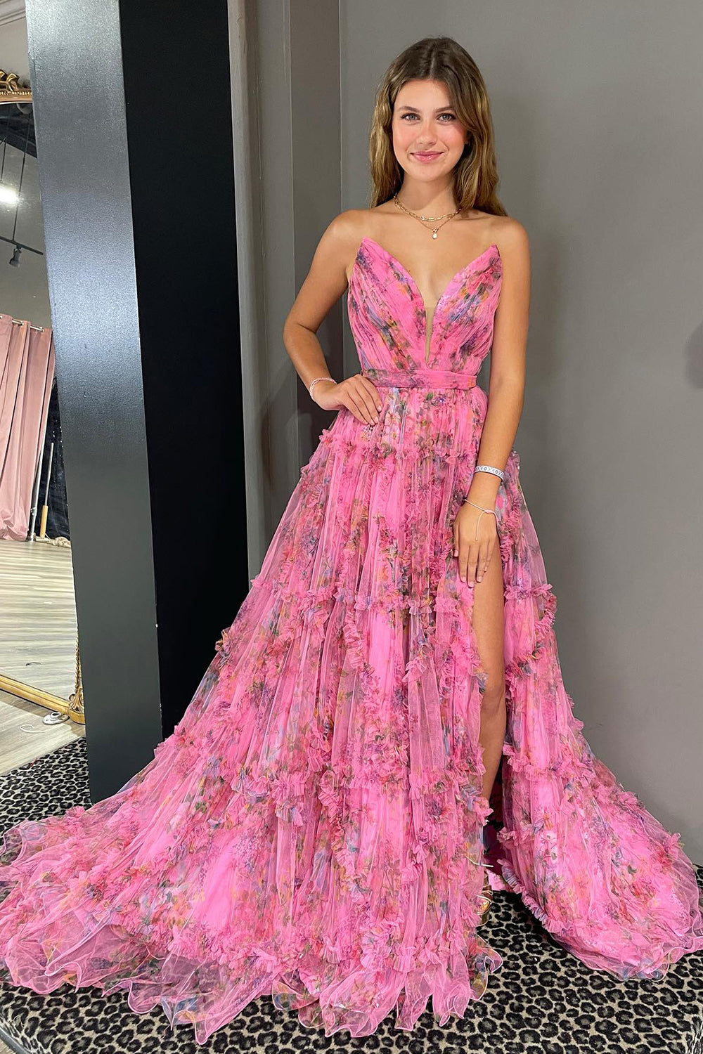 Izabella Pink A-Line Sweetheart Floral Printed Tulle Prom Dress with Slit |  KissProm