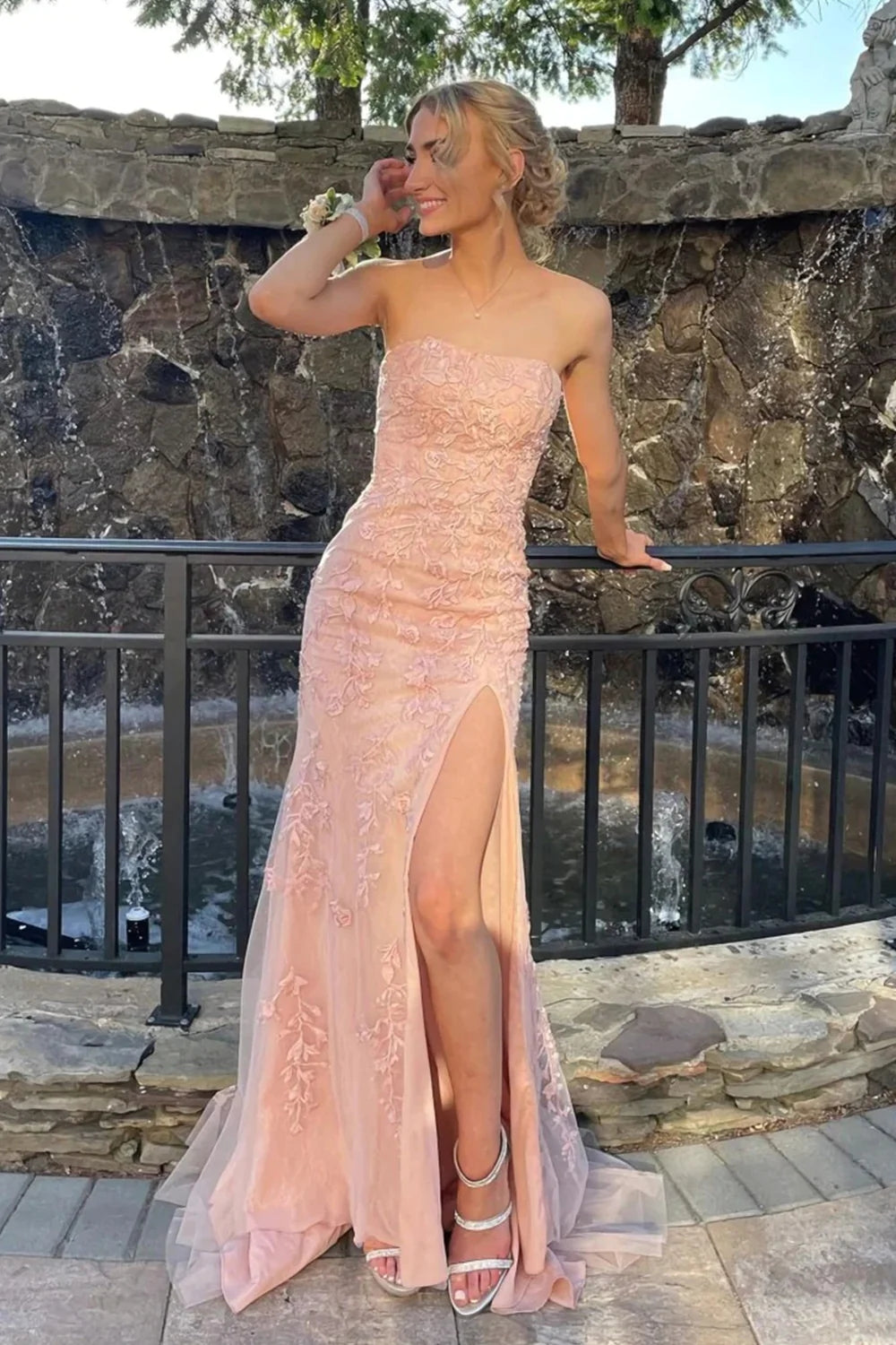 Strapless Pink Satin Long Prom Dress with High Slit, Simple Pink