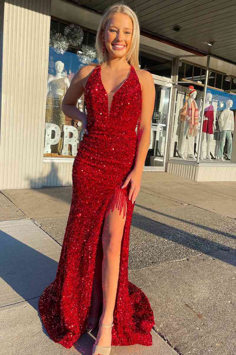 Red Halter Sequins Long Prom Dress with Tassel | KissProm