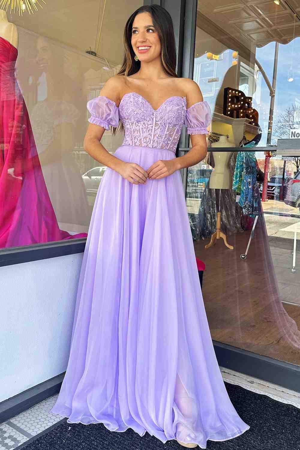 Lavender off the shoulder prom clearance dress